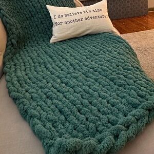 Handmade chunky knit greenish blue baby blanket